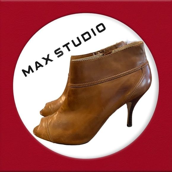 MaxStudio Burnished Leather Peep Toe Booties 8 - Picture 1 of 6